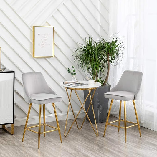 BTEXPERT Set of 2. Upholstered Dining Bar Chairs Footrest High Back Counter Height Barstools, Tufted Grey Velvet Gold Frame 25" Modern Kitchen Island Stool
