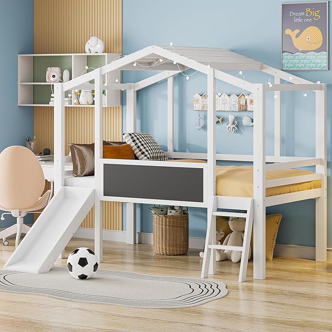Ball & Cast Twin Size House Loft Bed with Ladder and Slide,Wood Bunkbed w/Blackboard and Light Strip on The Roof,Slat Support,Space Saving,Bedroom Furniture for Student Dorms,White