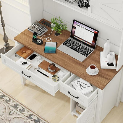 Farmhouse 47" Executive Desk, Computer Desk with Drawers and Storage Cabinet, Home Office Desks with Hutch and Charging Station, Workspace for Work & Study (Unique White).