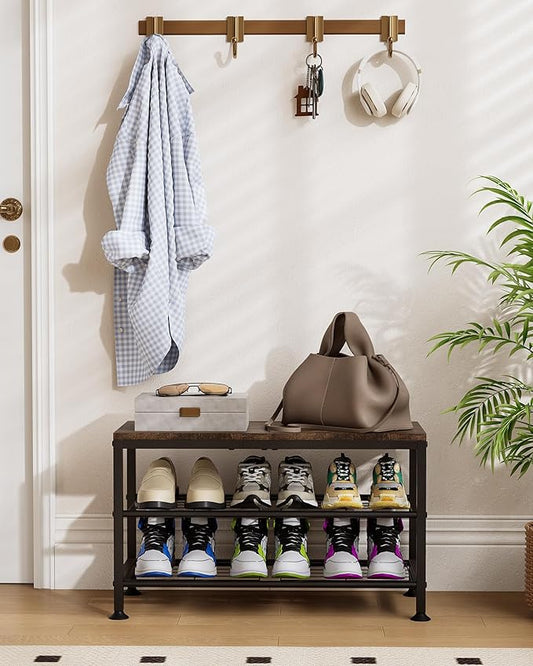 3-Tier Shoe Rack Bench - Entryway Organizer with Shoe Storage, Sturdy Shoe Shelf for Front Door, Small Space Saving Furniture, Brown, Holds 286lbs,27.2" x 12.0" x 15.9"