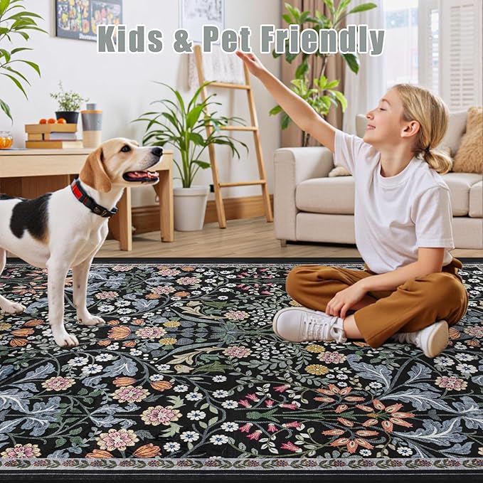 10x12 Area Rugs for Living Room: Floral Washable Rug Vintage Large Soft Boho Non-Slip Carpet Indoor Stain Resistant Low Pile Carpets for Bedroom Dining Room Farmhouse Nursery Home Office Dark Black