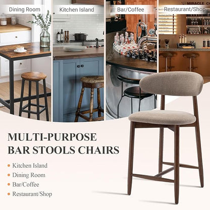 COLAMY Bar Stools Set of 2, Counter Height BarStools with Back, Mid Century Modern Upholstered, with Wood Legs for Kitchen Island Dining Room, Camel