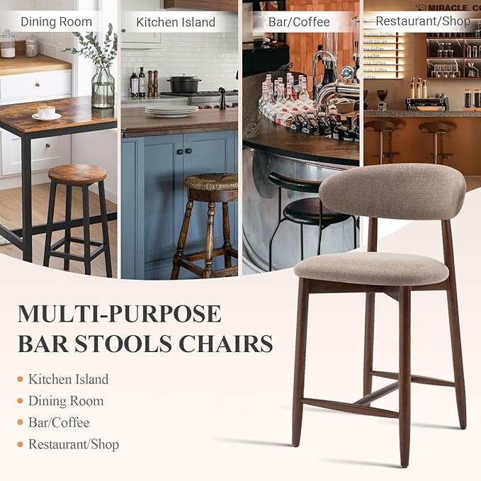 COLAMY Counter Height Bar Stools Set of 4, Kitchen Bar Stools with Back, Mid Century Modern Upholstered, with Wood Legs for Kitchen Island Dining Room, Camel