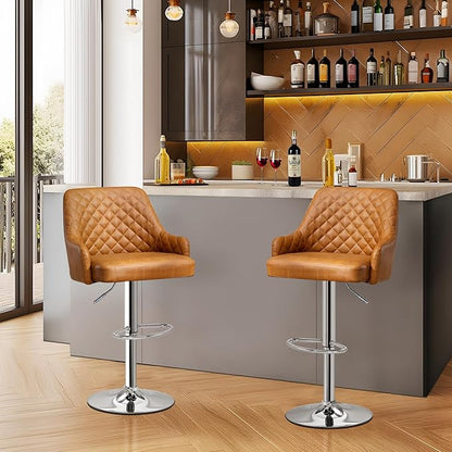 VECELO Bar Stools Set of 2, Modern PU Leather Adjustable Bar Stools with Back, 360° Swivel Bar Height Stools for Kitchen Counter Island, X-Large Size