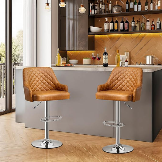 VECELO Bar Stools Set of 2, Modern PU Leather Adjustable Bar Stools with Back, 360° Swivel Bar Height Stools for Kitchen Counter Island, X-Large Size
