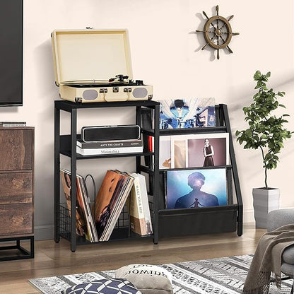 LELELINKY Black End Table,Record Player Stand with Vinyl Storage,3 Tier Side Table with Display Shelf Storage Up to 150 Albums,Industrial Large Record Holder Cabinet for Living Room