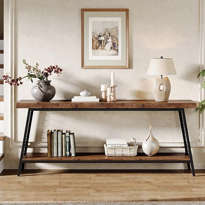 Tribesigns 70.9" Extra Long Console Table, 2-Tier Sofa Table with Storage, Industrial Entryway Table Behind Couch, Narrow Entrance Table for Hallway, Living Room, Rustic Brown