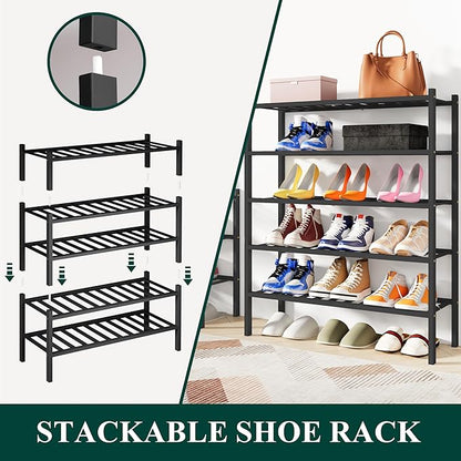 Smiry Shoe Rack, 2 Tier Bamboo Shoe Organizer, Stackable Free Standing Wooden Shoe Storage Shelf for Closet, Entryway, Front Door Entrance, Black