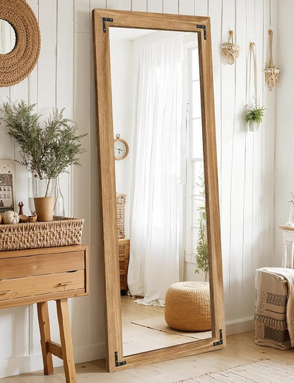 Full Length Mirror with Wooden Frame, 65"X24" Solid Wood Standing Floor Mirror for Farmhouse, Bathroom, Bedroom, Hanging or Leaning Wall-Mounted