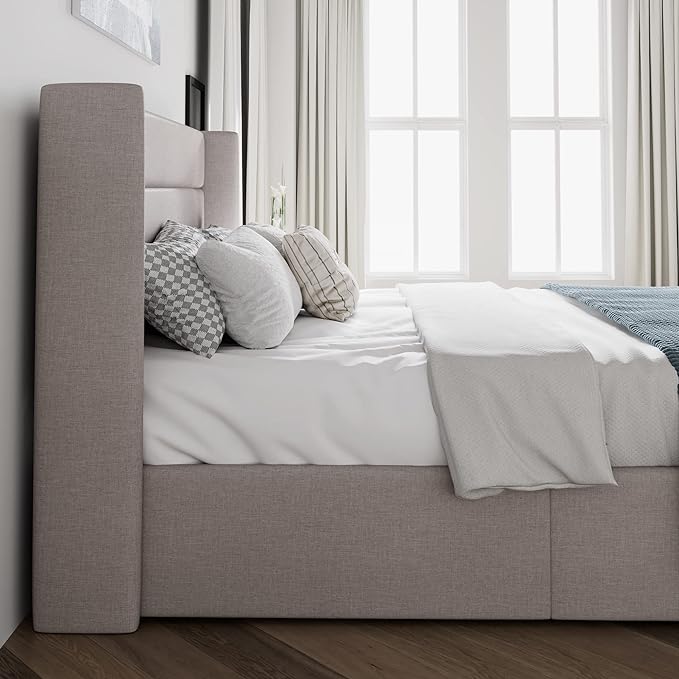 SHA CERLIN Queen Size Lift Up Storage Bed/Modern Wingback Headboard/Upholstered Platform Bed Frame/Hydraulic Storage/No Box Spring Needed/Wood Slats Support/Light Beige