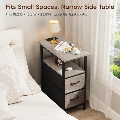 Vagusicc Nightstand with Charging Station and LED Lights, Narrow Side Table, LED Night Stand with 2 Fabric Drawers, Bedside Table with USB Ports and Outlets, Tall Nightstand for Bedroom, Rustic Grey