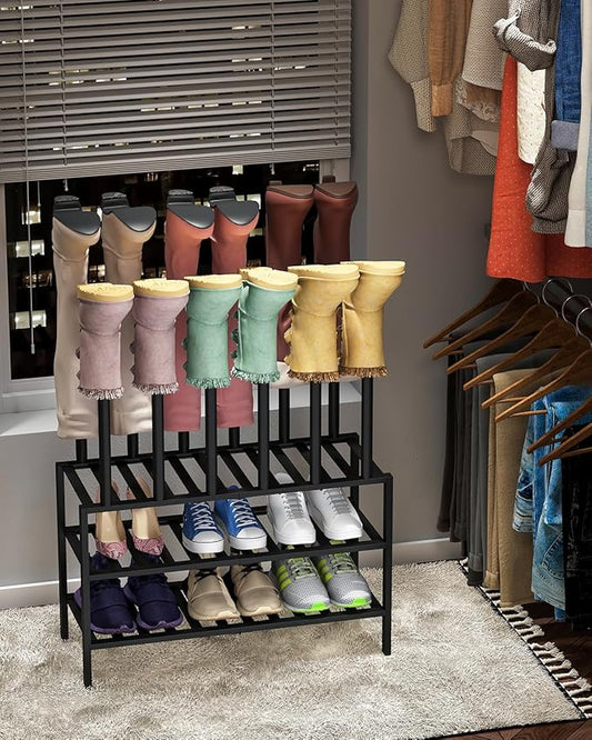 Black Boot Rack, Boot Rack Organizer Tall Boots with Shoe Rack for Closet, Bamboo Wood Shoe Shelf Storage Organizer for Entryway Small Space