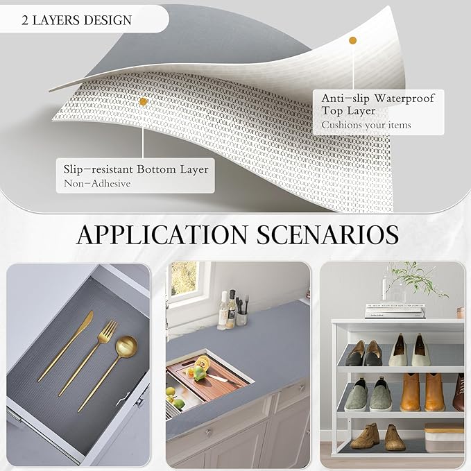 Beautysaid Shelf and Drawer Liner for Kitchen Cabinet, Non Adhesive Non Slip Shelf Paper Waterproof Washable Thickened for Dresser Pantry Shelve Bathroom Protector Liner(Gray,12 in x 10 FT)