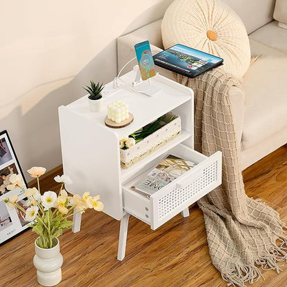 Lerliuo Rattan Nightstand with Charging Station, Side Table with Drawer Open Shelf, Cane Accent Bedside End Table with Solid Wood Legs, Night Stand for Bedroom, Dorm and Small Spaces (White)
