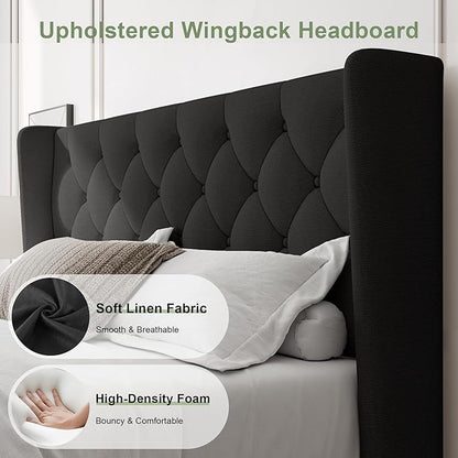 Feonase Full Size Bed Frame with Upholstered Wingback Headboard,Button Tufted Platform Bed and Heavy Duty Wooden Slats Support,Easy Assembly, Noise-Free,No Box Spring Needed, Black