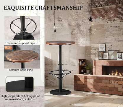 LOKKHAN 42" Tall Rustic Industrial Bar Table-19.68" Dia Round Wooden Top Metal Bar Height Adjustable Standing Pub Table-Dining Room Bistro Table-Cocktail Table