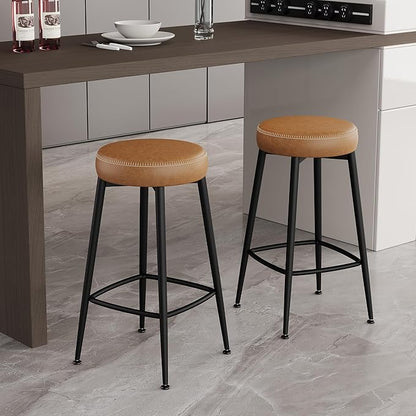 Counter Height Bar Stools, 26" H Backless Bar Stools Set of 4, Upholstered Faux Leather Kitchen Counter Stools, Mid Century Modern, Kitchen Island Home Bar, Pub, Caramel Brown