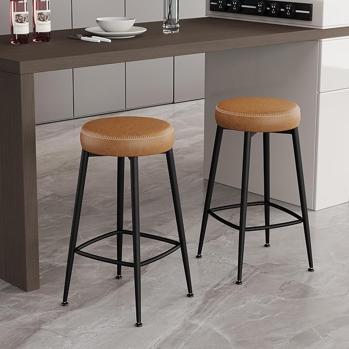 Counter Height Bar Stools, 26" H Backless Bar Stools Set of 6, Upholstered Faux Leather Kitchen Counter Stools, Mid Century Modern, Kitchen Island Home Bar, Pub, Caramel Brown