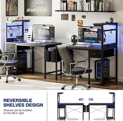 Gaming Desk 55 Inch with Power Outlet and LED Light, Computer Desk with Reversible Shelves and Storage Drawer, Pc Small Table for Home Office Table with Bag, Carbon Fiber Black