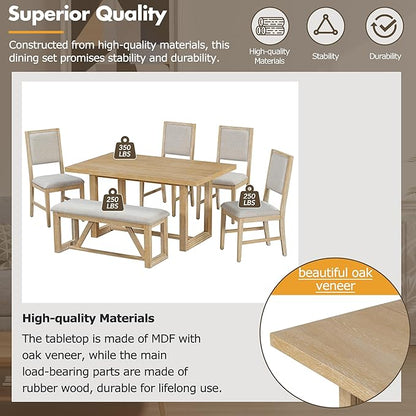 Merax Farmhouse Wood 6-Piece Dining Set, 59.6 inch Rectangular Table, 4 Upholstered Chairs and 1 Bench for Kitchen, Natural