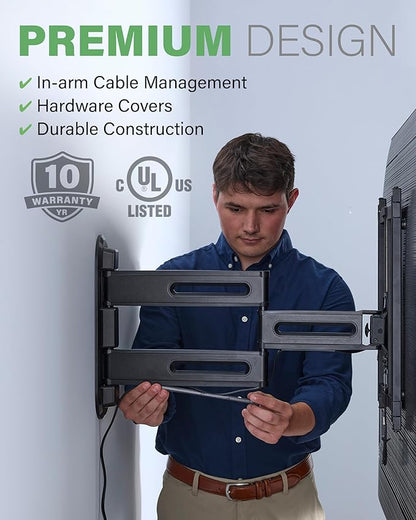 SANUS Height Adjustable Full Motion TV Wall Mount for 32” to 65” TVs – Raise or Lower TV 3” After Install – Maximizes Compatibility with Your Setup – 3 Step DIY w/Smooth Extension, Tilt & Swivel