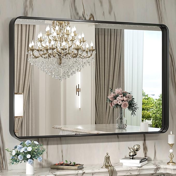 TokeShimi 40 x 30 Inch Wall Mirror for Bathroom Black Metal Frame Decorative Rectangular Wall Mounted Home Decor Corner Hangs Farmhouse Mirror (Horizontal/Vertical)