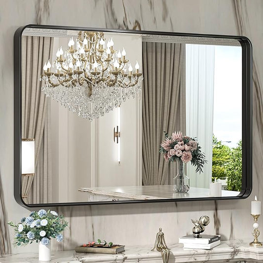 TokeShimi 40 x 30 Inch Wall Mirror for Bathroom Black Metal Frame Decorative Rectangular Wall Mounted Home Decor Corner Hangs Farmhouse Mirror (Horizontal/Vertical)