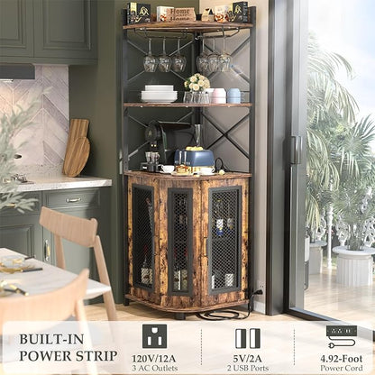 Aheaplus Corner Bar Cabinet with Power Outlet, Industrial Wine Cabinet with LED Strip and Glass Holder, 5-Tiers Liquor Cabinet Bar Unit for Home, Corner Display Cabinet for Small Space, Rustic Brown
