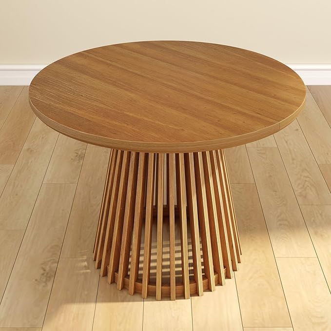 Plank+Beam Lido Round Dining Table, 47", Wooden, Pedestal, Minimalist Kitchen Table for 4 for Dining Room, Pecan