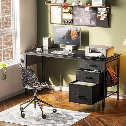Casaottima 48" Small Computer Home Office Desk for Bedroom with Fabric Drawers & File Cabinet, Cloth Storage Bag and Hook, Writing Study Work Table for Small Space, Black