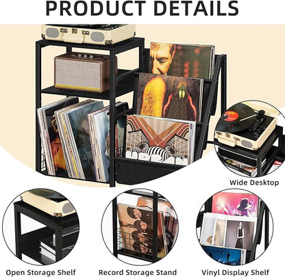 LELELINKY Black End Table,Record Player Stand with Vinyl Storage,3 Tier Side Table with Display Shelf Storage Up to 180 Albums, Large Record Holder for for Media Stereo Speaker, Amplifiers, Magazines