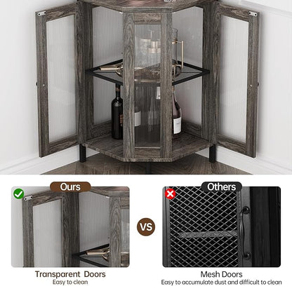 Corner Bar Cabinet with Power Outlet, 5-Tier Corner Wine Cabinet with Led Strip and Glass Holder, Industrial Tall Liquor Cabinet Bar Wine Rack for Home, Grey Oak