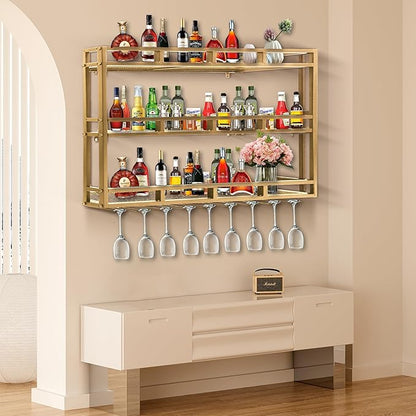 47 Inch Metal Wine Rack Wall Mounted, Bar Shelves for Liquor Bottles with LED Light, 3 Tier Large Capacity Liquor Rack Wall Mounted with Glass Holder for Home Bar & Dining Room, Gold