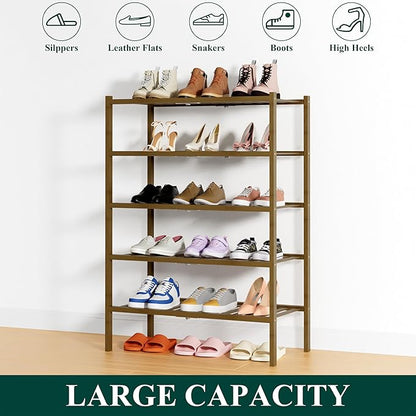 Smiry Shoe Rack, 5 Tier Thick Bamboo Shoe Organizer, Stackable Free Standing Wooden Shoe Storage Shelf for Closet, Entryway, Front Door Entrance, Walnut