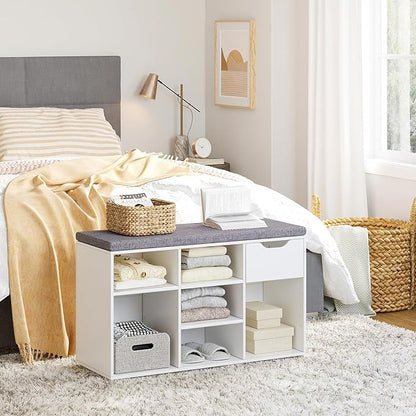 DINZI LVJ Shoe Bench,Entryway Storage Bench with Drawer and 8 Cubbies,Cubby Rack Adjustable Shelves,Shoe Organizer Cabinet for Living Room,Bedroom,Mudroom,Closet Garage,White