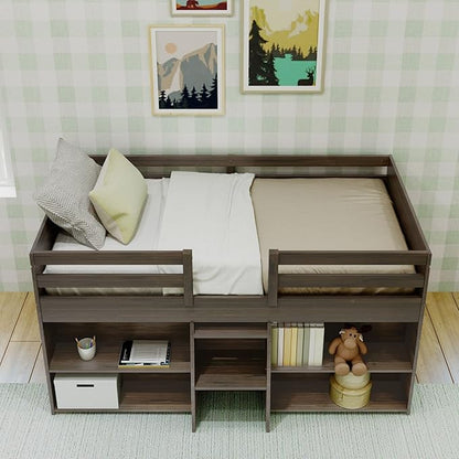 Max & Lily Modern Farmhouse Low Loft Bed, Twin Bed Frame for Kids with 2 Bookcases, Barnwood Brown