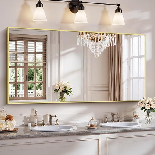 YIROMAN Bathroom Mirror 60"x30", Large Brushed Gold Bathroom Mirror for Over Sink with Aluminum Frame, Rectangular Vanity Mirror with Right Angle, Wall Mirror Hangs Horizontal or Vertical