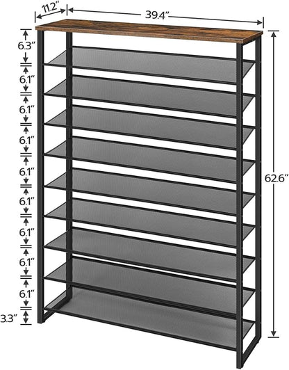 HOOBRO 10-Tier Shoe Rack, 39.4" L Shoe Storage Organizer, Large Capacity Shoe Shelf for Front Door Entrance, Entryway, Hallway, Holds 45-50 Pairs of Shoes, Closet, Rustic Brown BF171XJ01