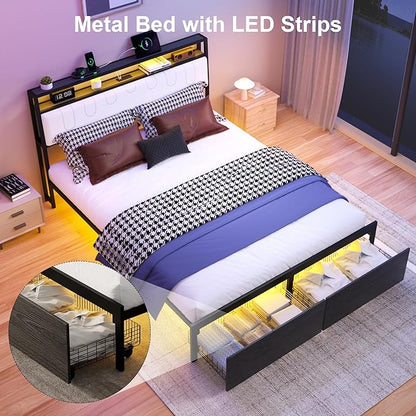 Queen Bed Frame with Storage Headboard, Metal Platform Bed Frame with LED Lights & Charging Station, Storage Drawers, Heavy Duty Metal Slats, No Box Spring Needed, Noise Free, Easy Assembly