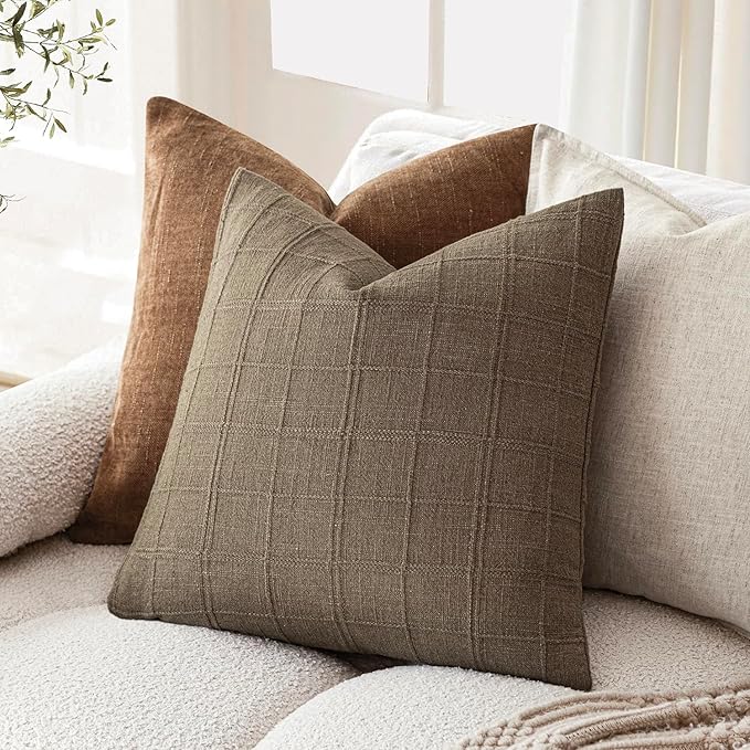 Foindtower Set of 2 Decorative Linen Check Throw Pillow Covers Neutral Farmhouse Vintage Cushion Covers Modern Boho Home Decor for Sofa Chair Couch Bedroom Living Room Outdoor,22×22 Inch,Light Brown