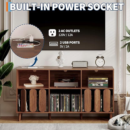 Large Record Player Stand, Record Player Table Vinyl Record Storage Holder Records Cabinet Organizer with Power Outlet for Living Room, Walnut