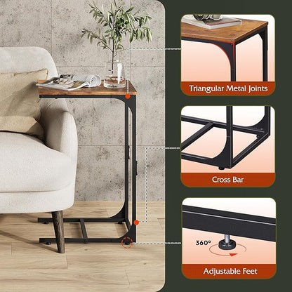 WLIVE C-Shaped End Table Set of 2, Small Couch Side Tables with Metal Frame, Sofa Table TV Tray for Living Room, Bedroom, Rustic Brown