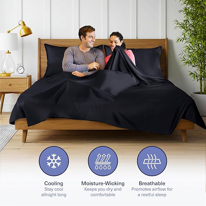 Kickoff Viscose Bamboo Sheets Twin XL Size 3-pc 100% Organic Bamboo Viscose Bed Cooling Sheets Twin XL Size Set Cool Bedding for hot Sleepers Sheet, Flat, Fitted, Pillowcase (Onyx Black, TXL)