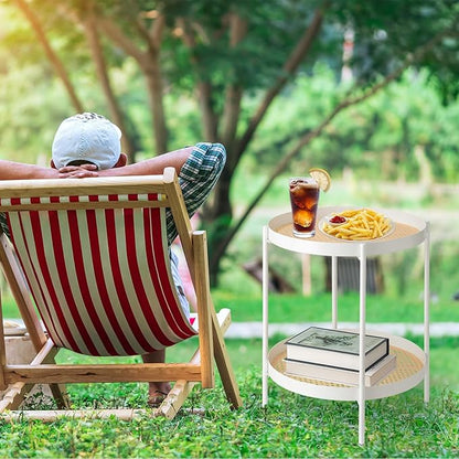 danpinera All Metal Side Table, 2 Tier Anti Rust Small Table with Imitation Rattan Pattern on Removable Trays for Living Room, White Round Nightstand for Bedroom, 20.47 Inch x 16.54 Inch Pearl White