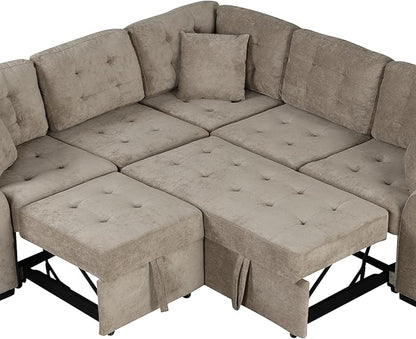82" Convertible Sleeper Sofa with Pull-Out Bed,L-Shape Chaise Couch W/USB Ports & Power Sockets,Space Saving,Easy Assembly,Modern Corner Reversible Furniture Set for Living Room,Khaki Velvet