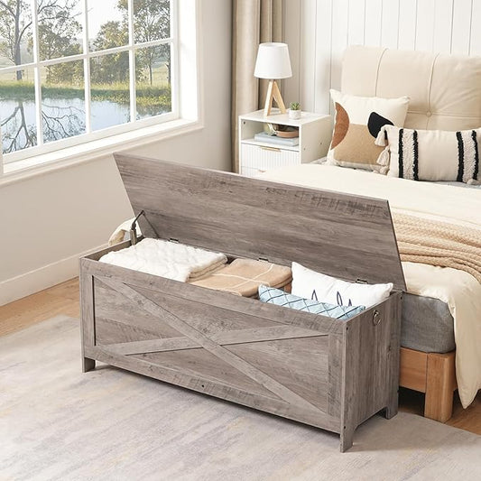 47.2" Toy Chest, Sturdy Entryway Storage Chest with Safety Hinges, Retro Toy Box, Wooden Look Accent Furniture for Living Room, Bedroom, Greige SCGY48801N1