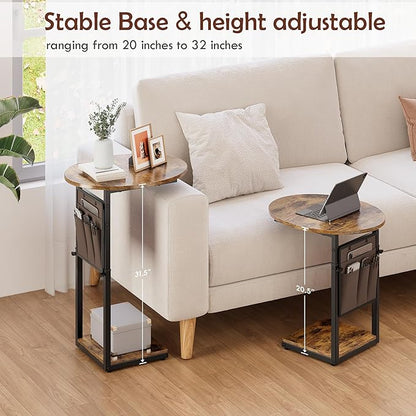Vagusicc C Shaped End Table, Adjustable Height Small Side Table for Couch and Recliner, 32" Tall Couch Side Table Slide Under Sofa Tray Desk with Storage Bag for Living Room and Bedroom, Brown
