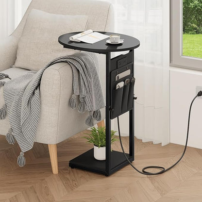 Vagusicc C Shaped End Table with Charging Station, 32" Tall Side Table for Couch and Recliner, Adjustable Height Small Couch Side Table Slide Under Sofa TV Tray Table for Living Room, Bedroom, Black