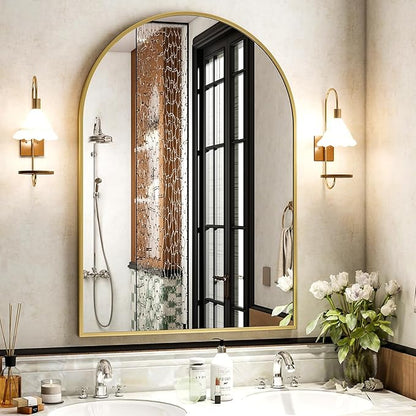 30x38 Inch Arched Bathroom Mirror - Gold Metal Frame Wall Mounted Vanity Mirror for Bathroom, Bedroom, Living Room, Hanging or Leaning Decorative Mirror