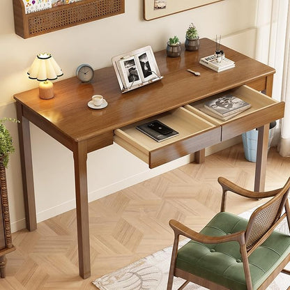 Solid Wood Desk with Drawers - 47 x 22 Inch Vintage Desks, Mid Century Modern Desks, Rubber Wood Study Table, Writing Desk with Drawers for Bedroom|Any Spaces - Walnut Color